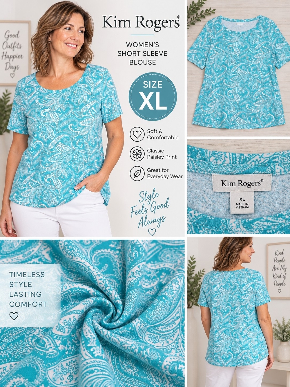 Kim rogers Women's XL blue paisley short sleeve blouse #33